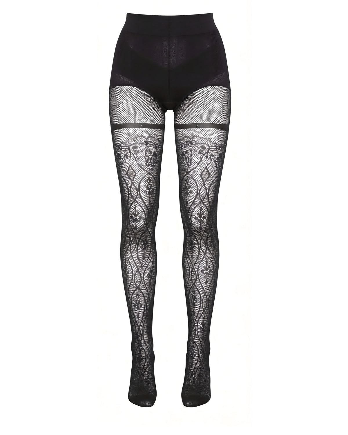 Linsori Obsidian Sheer Lurex Crotchless Tights - White background view