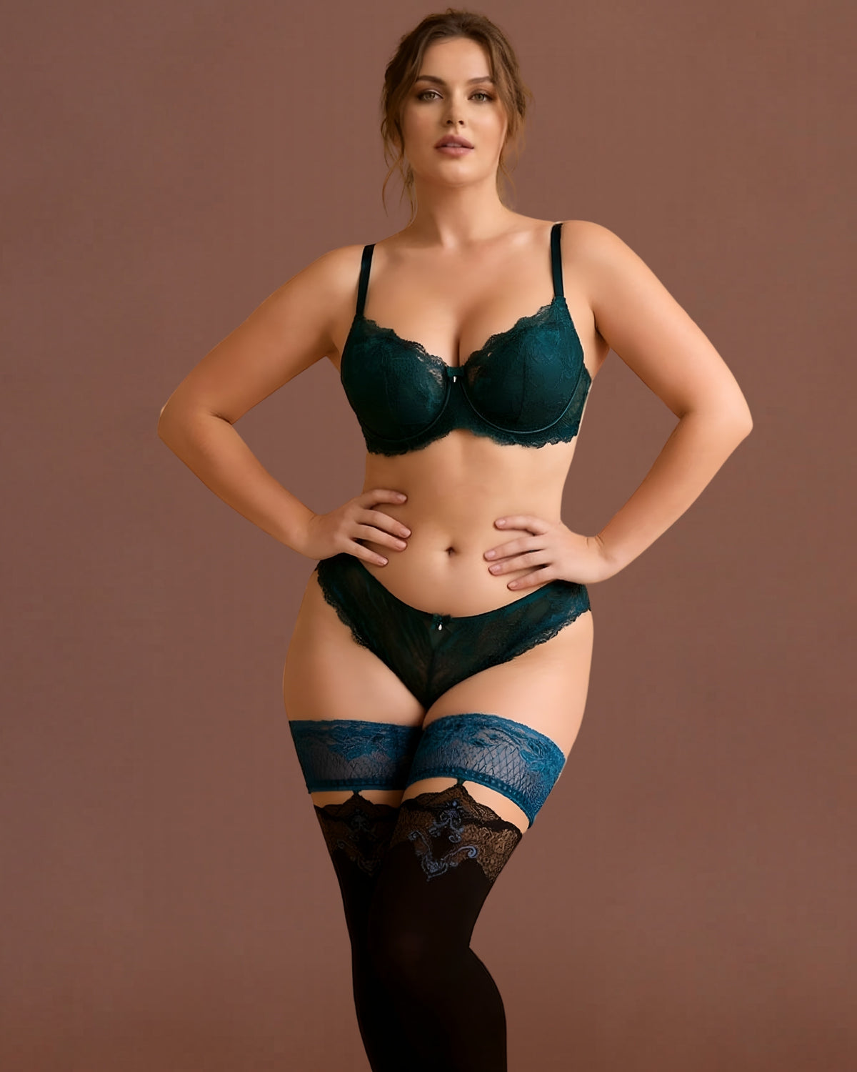 Linsori - Sheer Noir Lace-Top Hold-Ups Plus Size - Front View