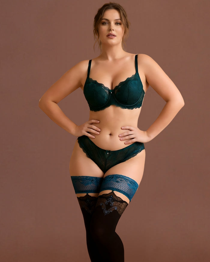 Linsori - Sheer Noir Lace-Top Hold-Ups Plus Size - Front View