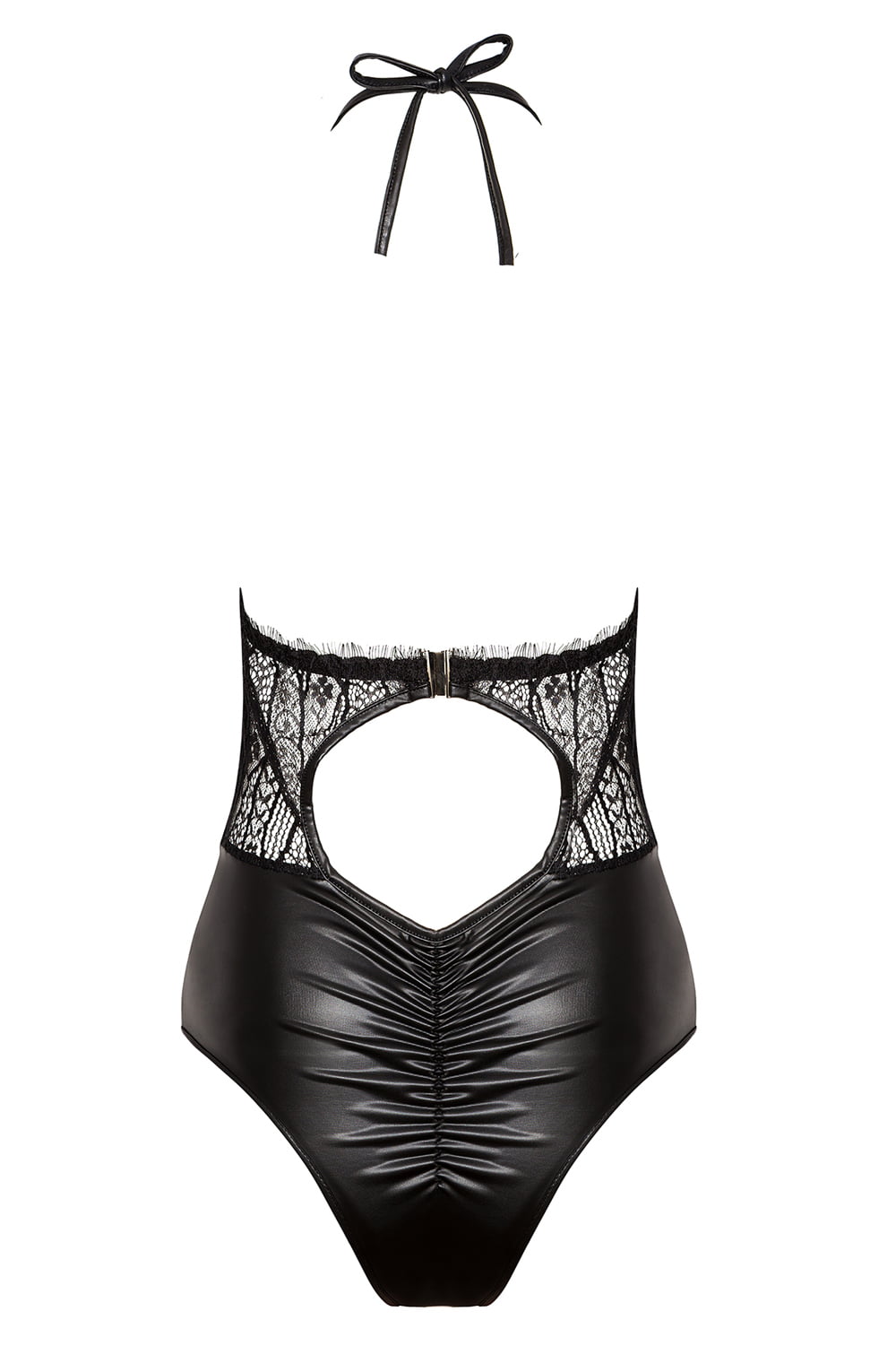 Linsori Obsidian Wet-Look Halter Teddy - detail view