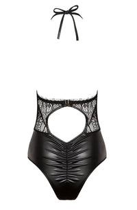 Linsori Obsidian Wet-Look Halter Teddy - detail view