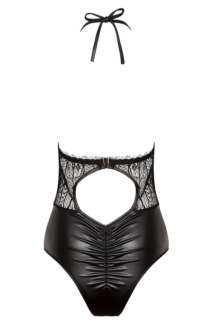 Linsori Obsidian Wet-Look Halter Teddy - detail view