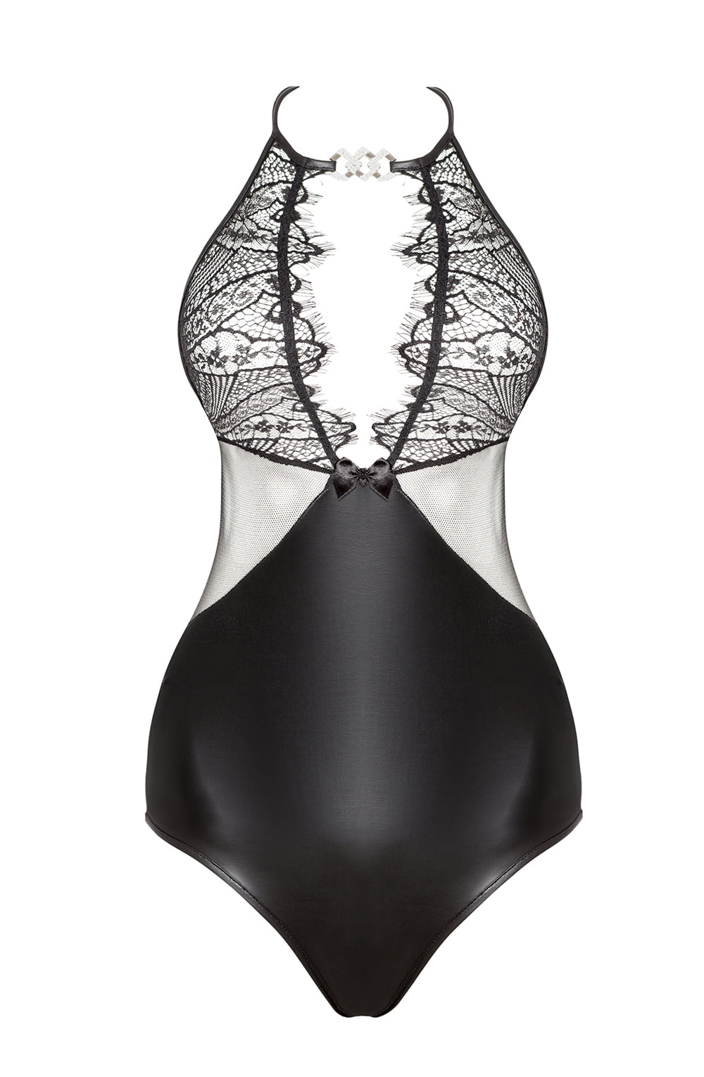 Linsori Obsidian Wet-Look Halter Teddy - front view