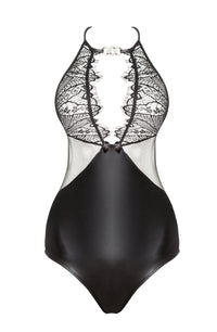 Linsori Obsidian Wet-Look Halter Teddy - front view