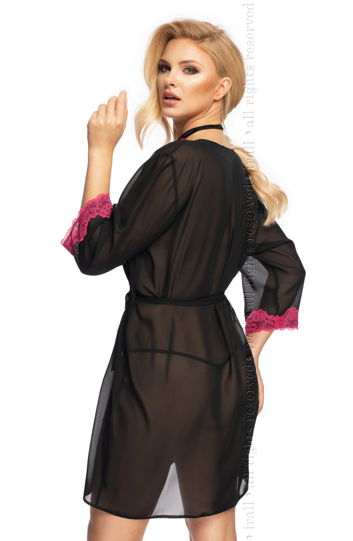 Linsori Noir Chiffon Robe with Blush Lace - detail view