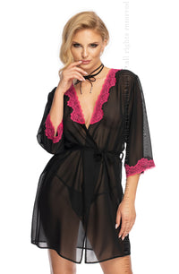 Linsori Noir Chiffon Robe with Blush Lace - close-up