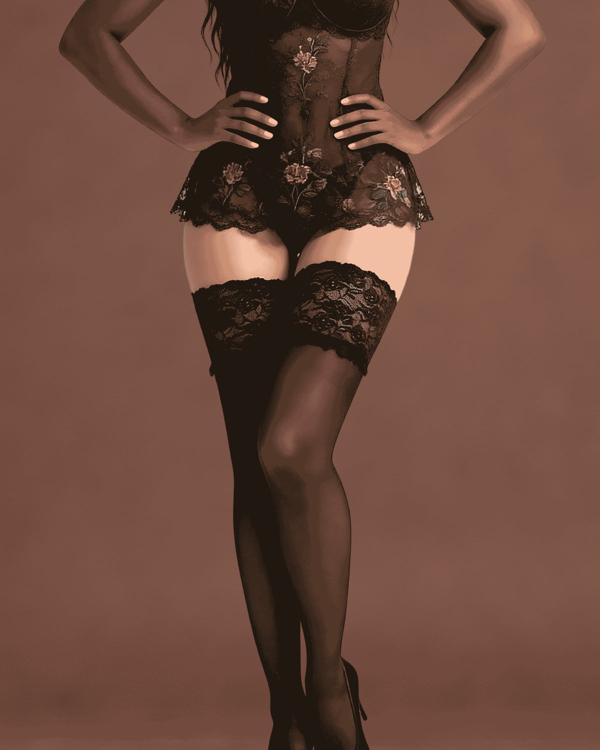 linsori - Noir Exclusive Sheer Hold-Ups with Lace Band - front view