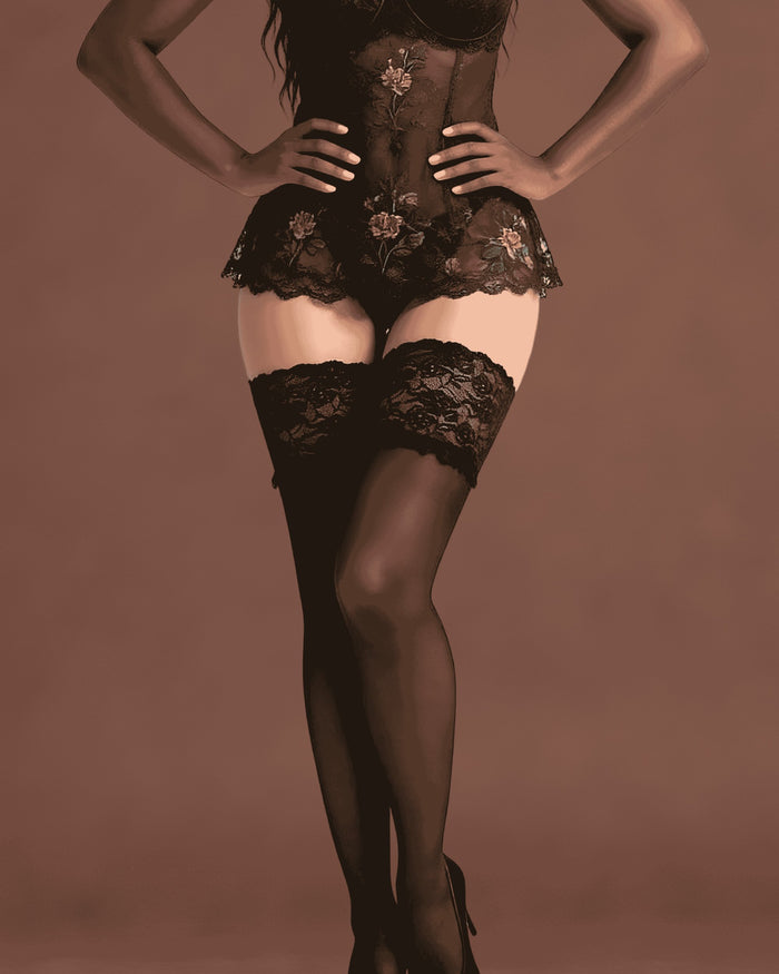 linsori - Noir Exclusive Sheer Hold-Ups with Lace Band - front view