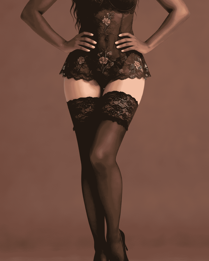 linsori - Noir Exclusive Sheer Hold-Ups with Lace Band - front view