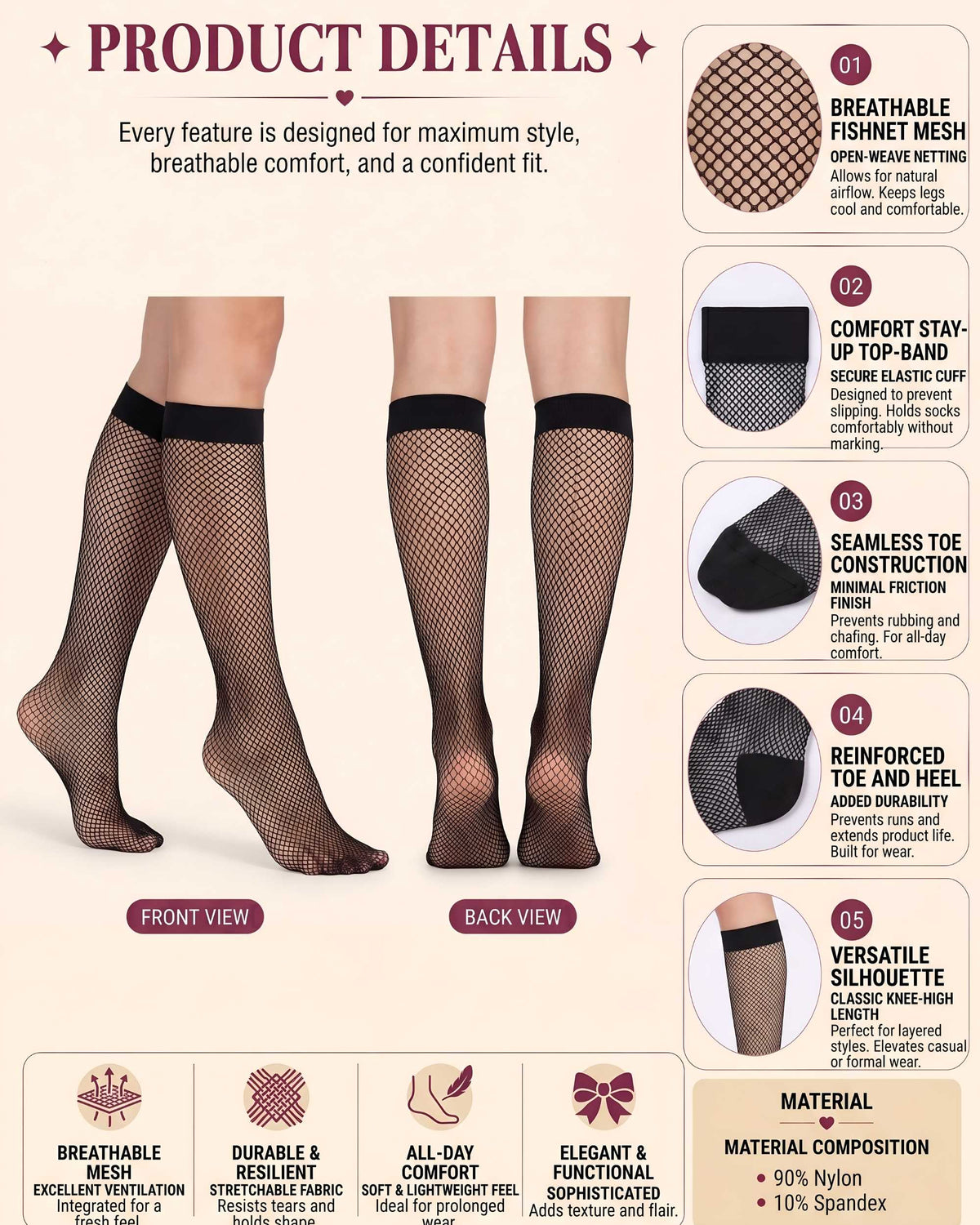 Linsori Midnight Fishnet Knee Highs -  Product detail view