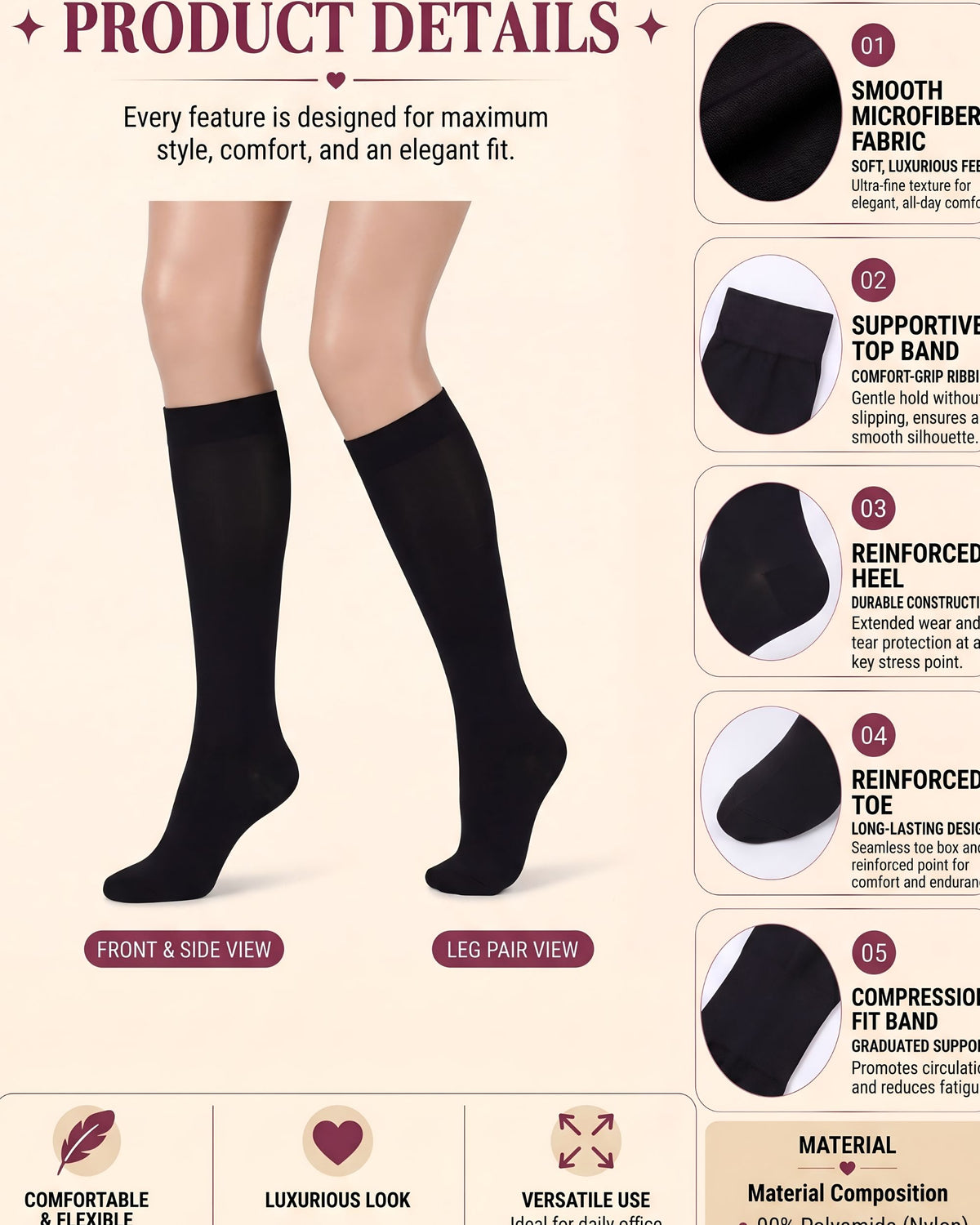 Linsori Graphite Microfibre Knee Highs -  Product detail view
