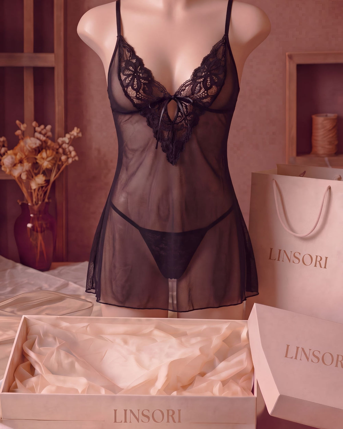 Linsori Noir Floral Tulle Chemise - Mannequin View