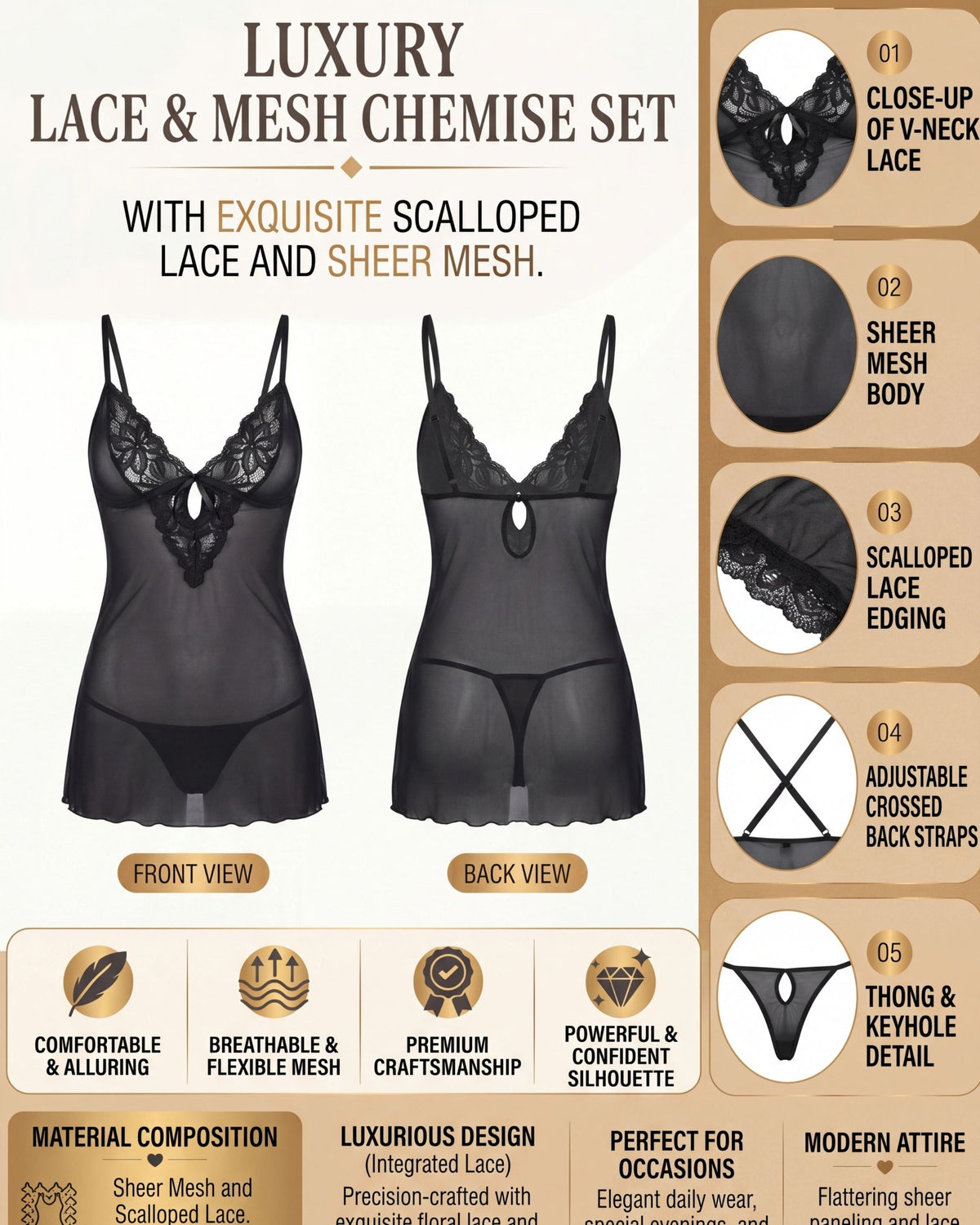 Linsori Noir Floral Tulle Chemise -  Product detail view
