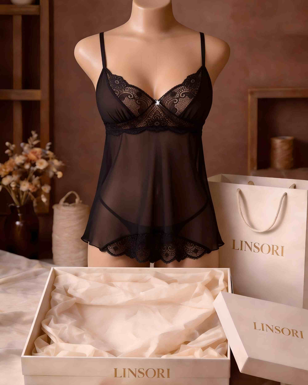 Linsori Midnight Lace Chiffon Chemise Set Plus Size - Mannequin View