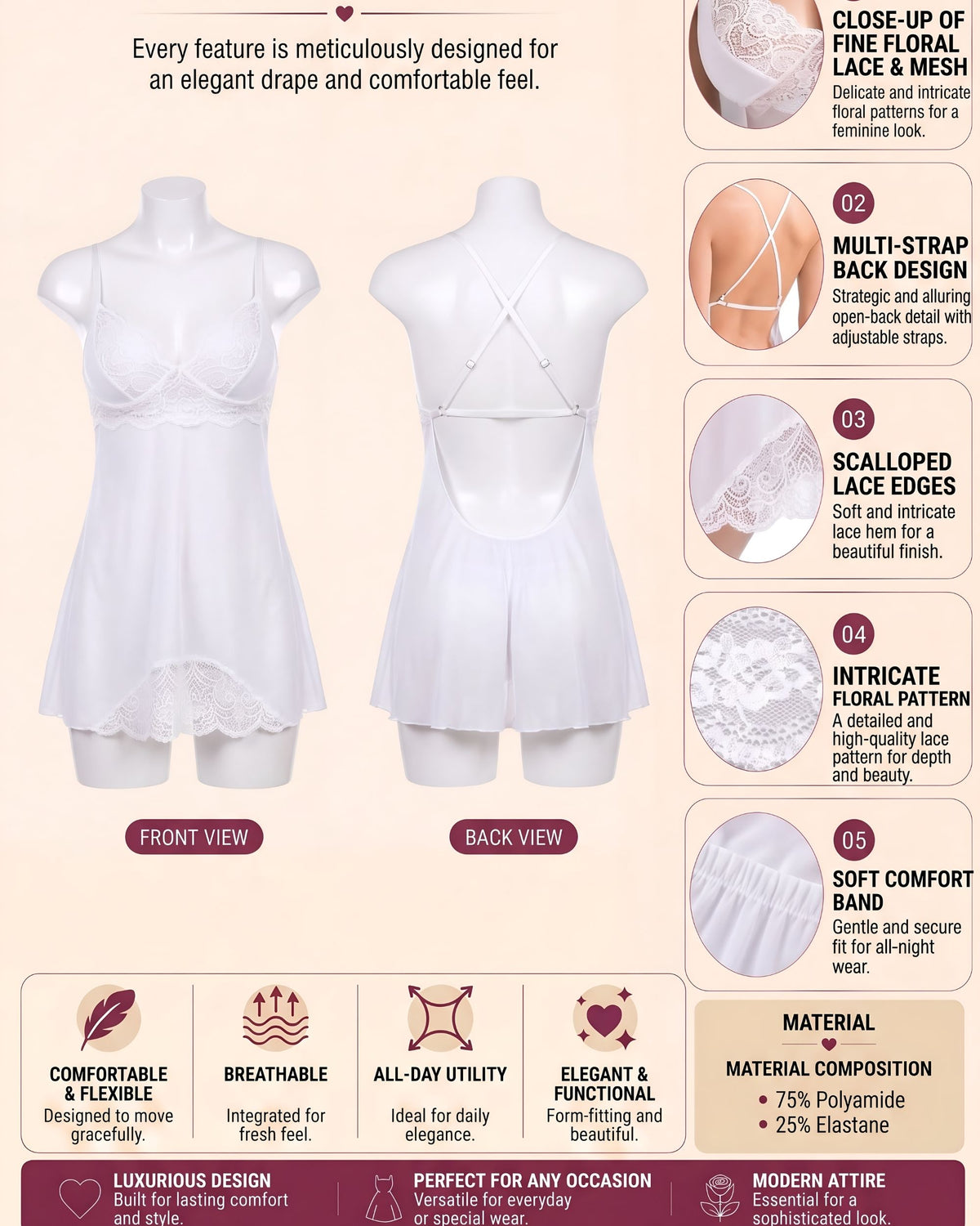 Linsori Ivory Lace Bridal Chemise -  Product detail view