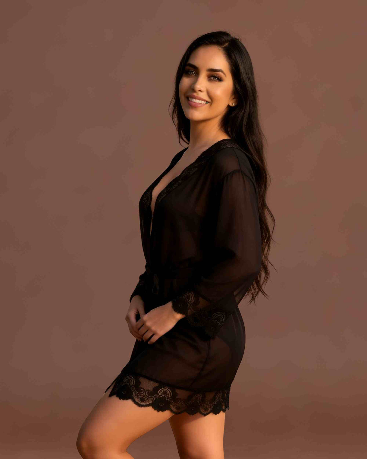 linsori - Midnight Chiffon Robe with Lace Plus Size - left view