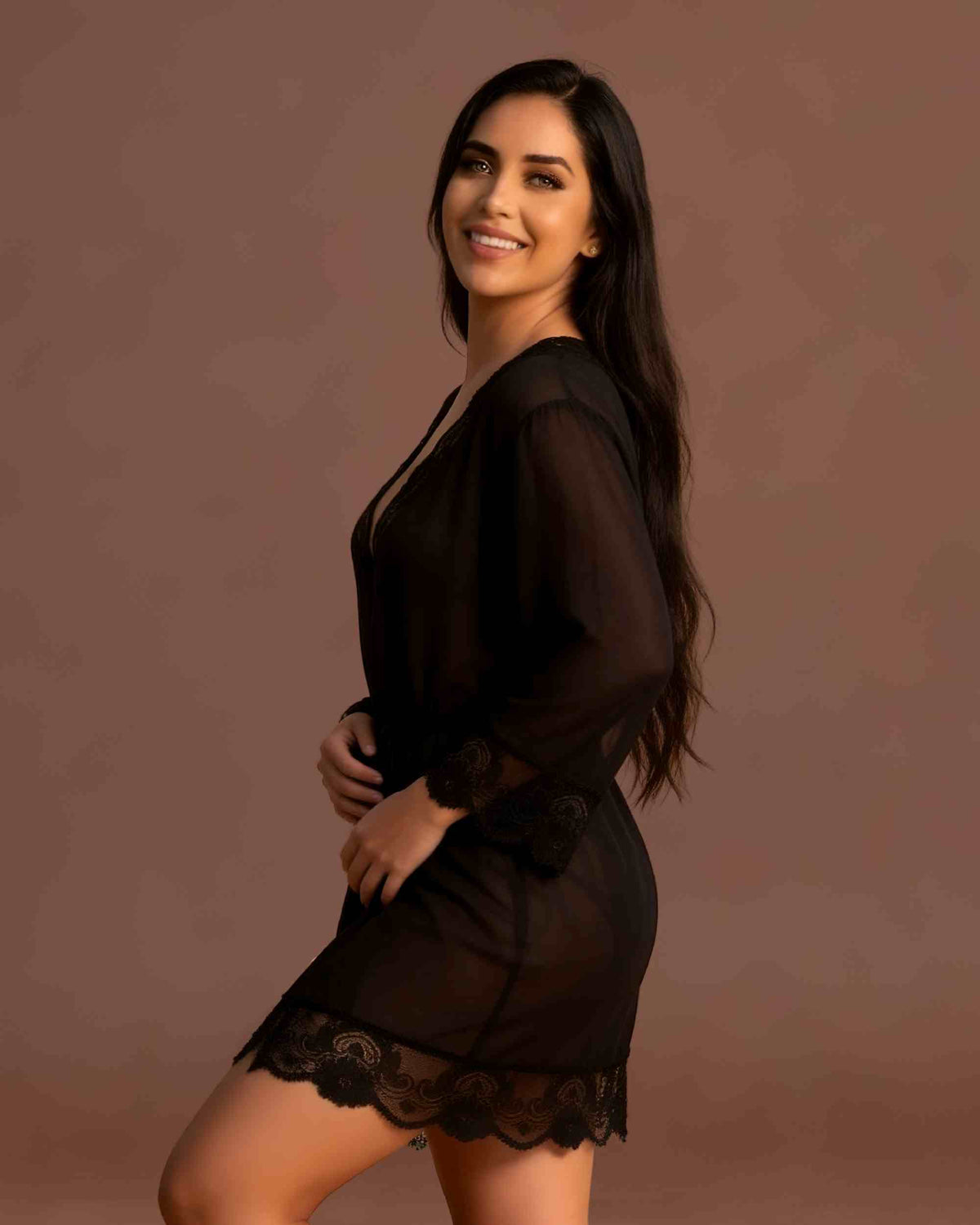 linsori - Midnight Chiffon Robe with Lace Plus Size - left  view