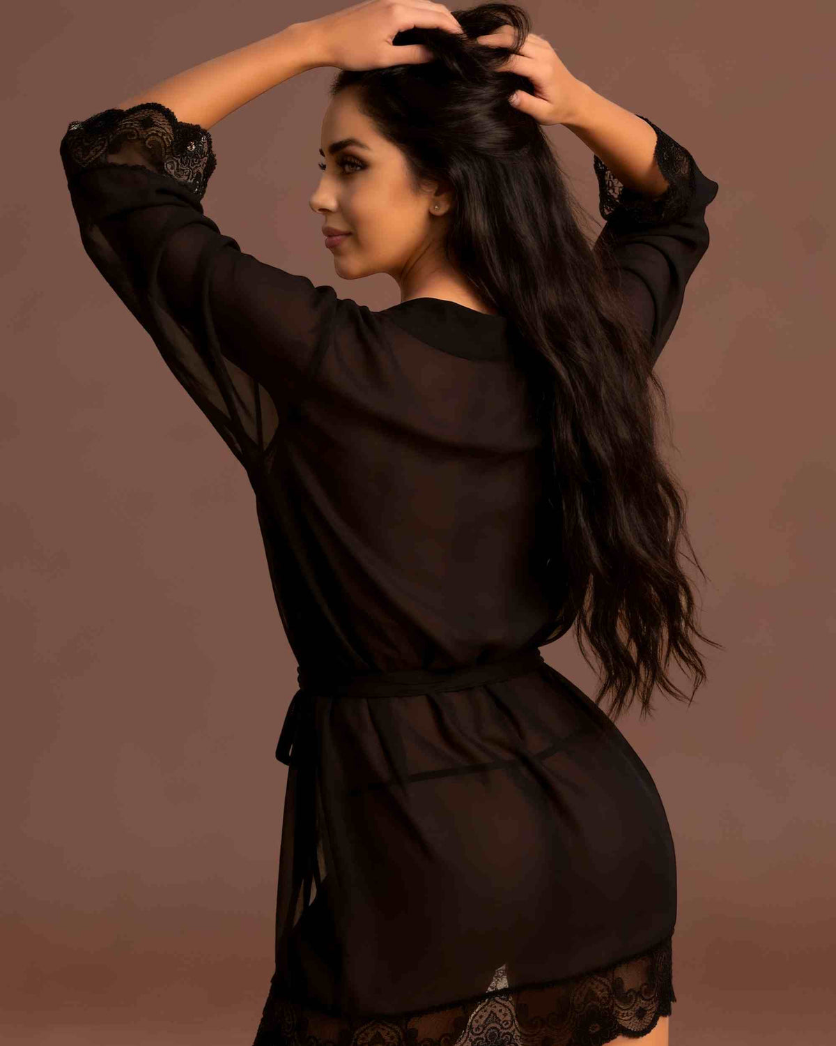linsori - Midnight Chiffon Robe with Lace Plus Size - back view