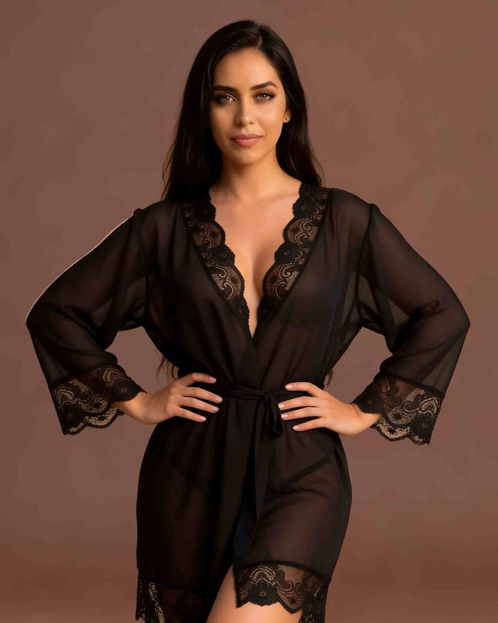 linsori - Midnight Chiffon Robe with Lace Plus Size - front view