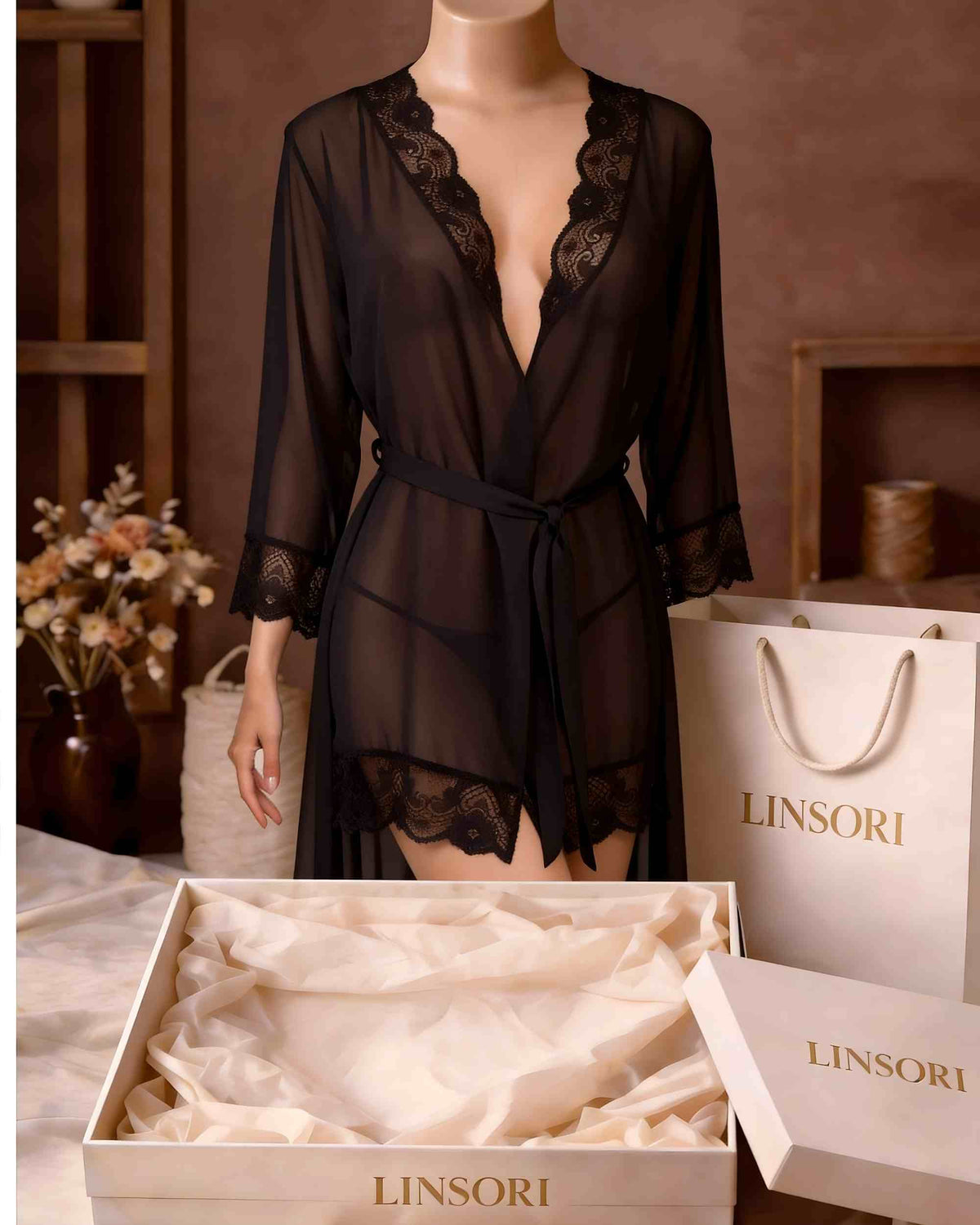 linsori - Midnight Chiffon Robe with Lace Plus Size - product  view