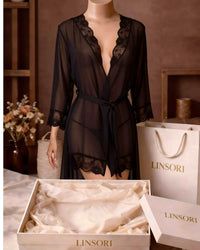 linsori - Midnight Chiffon Robe with Lace Plus Size - product  view