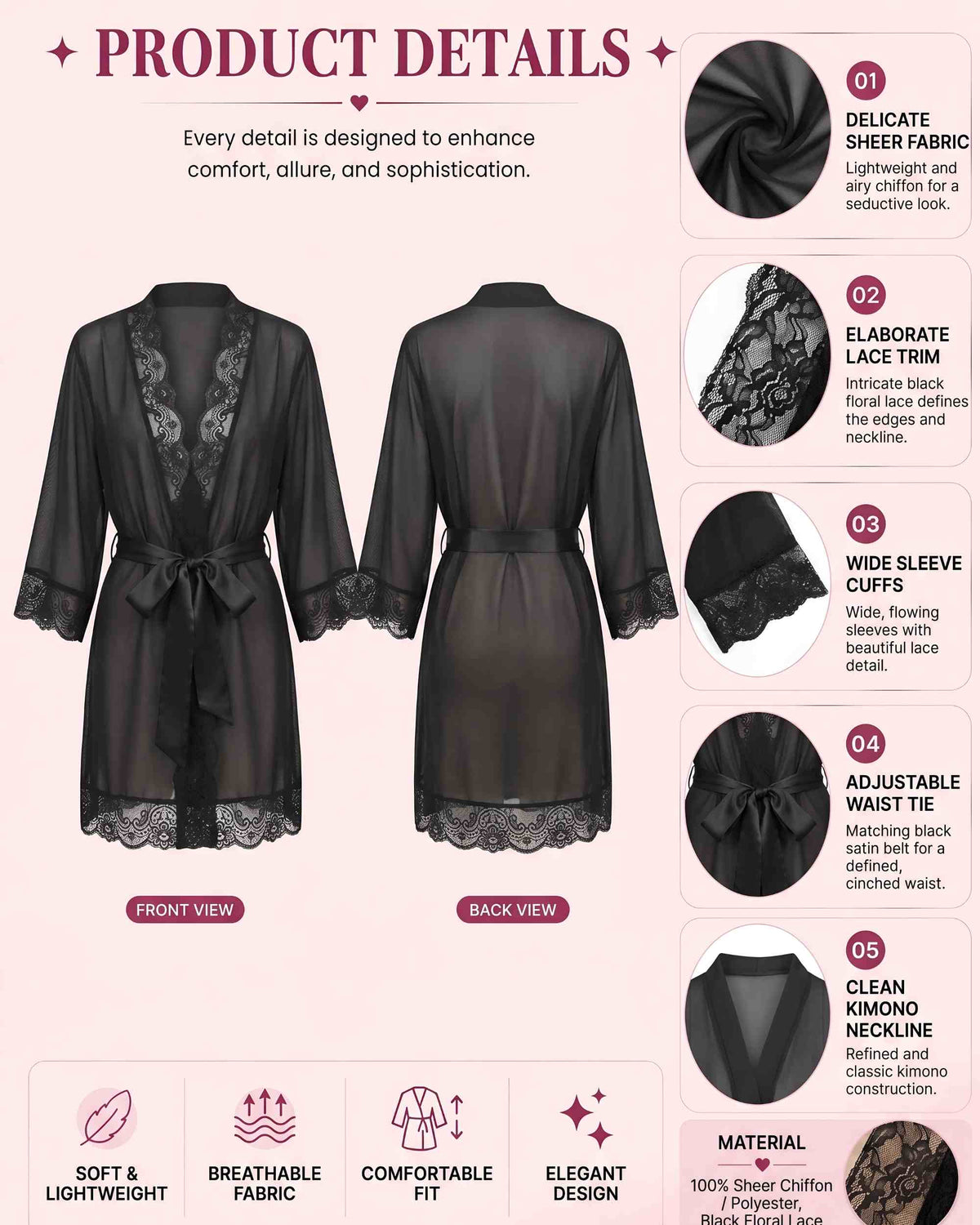 linsori - Midnight Chiffon Robe with Lace Plus Size - product detail