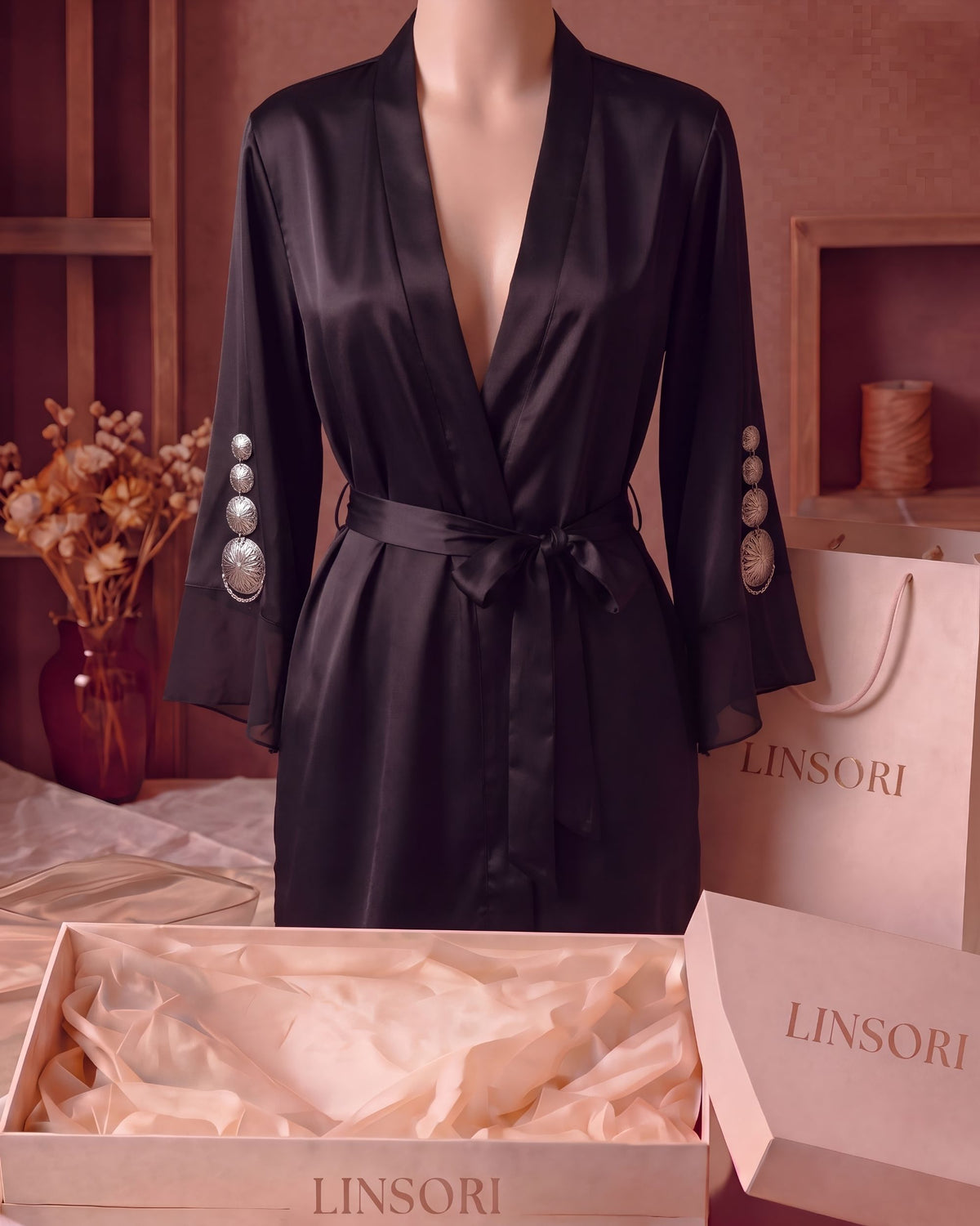 Linsori Obsidian Satin Embroidered Robe - Mannequin View