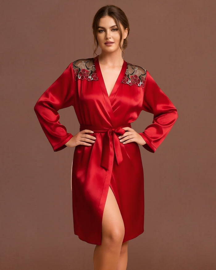 Linsori Burgundy Satin Embroidered Robe - Front view 