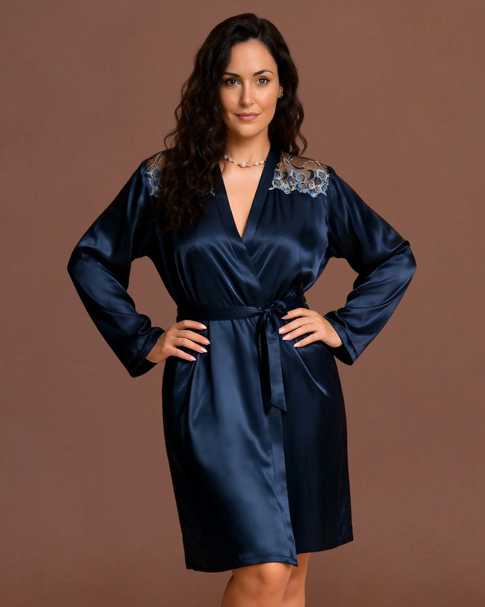 Linsori Navy Satin Embroidered Robe - Front view 