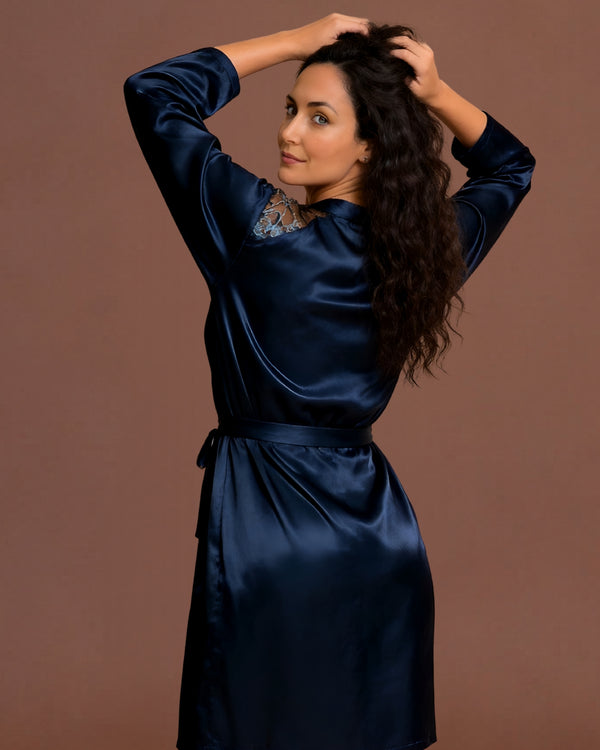 Linsori Navy Satin Embroidered Robe -  back view
