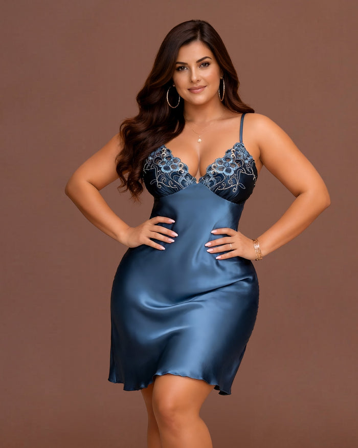Linsori Azure Satin Elodie Nightdress - Front view 