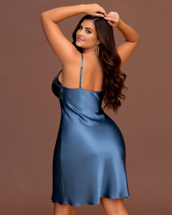 Linsori Azure Satin Elodie Nightdress -  back view