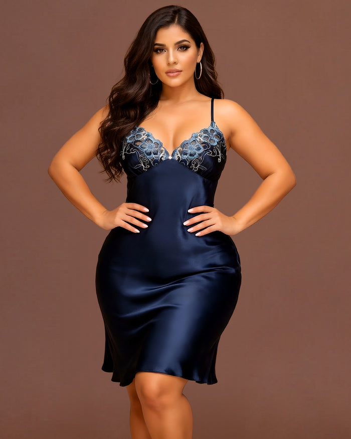 Linsori Navy Satin Elodie Nightdress - Front view 