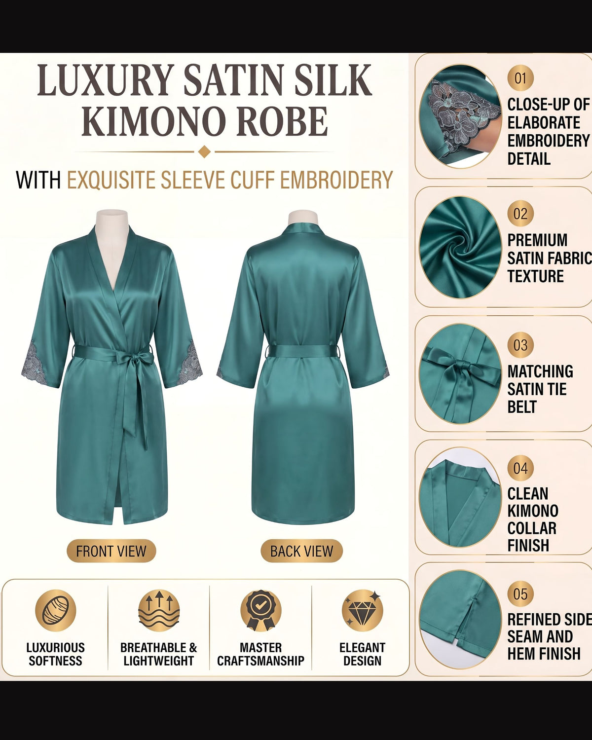 Linsori Emerald Satin Embroidered Robe -  Product detail view