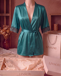 Linsori Emerald Satin Embroidered Robe - Mannequin View