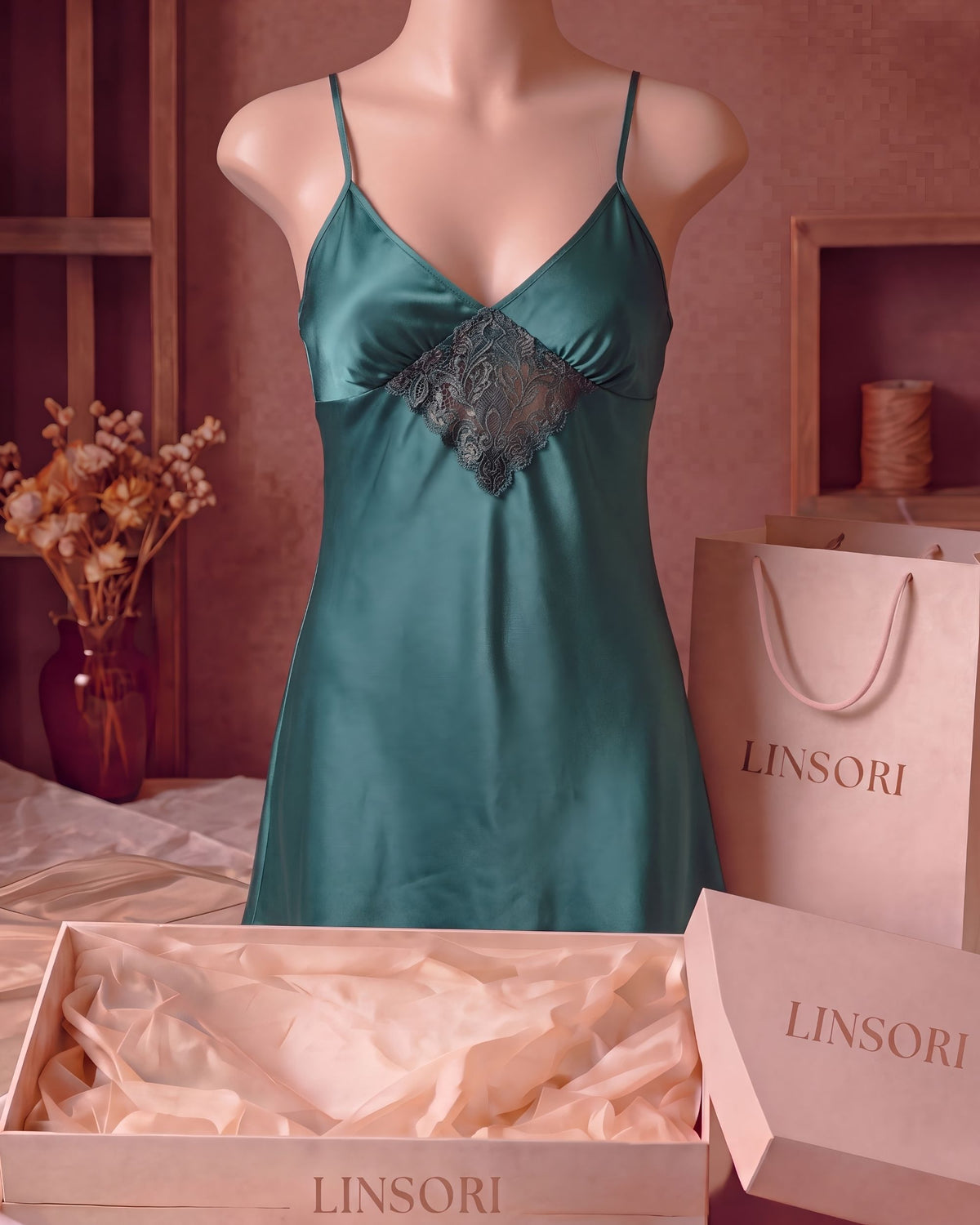 Linsori Emerald Satin Open Back Nightdress - Mannequin View