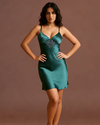 Linsori Emerald Satin Open Back Nightdress - Front view 