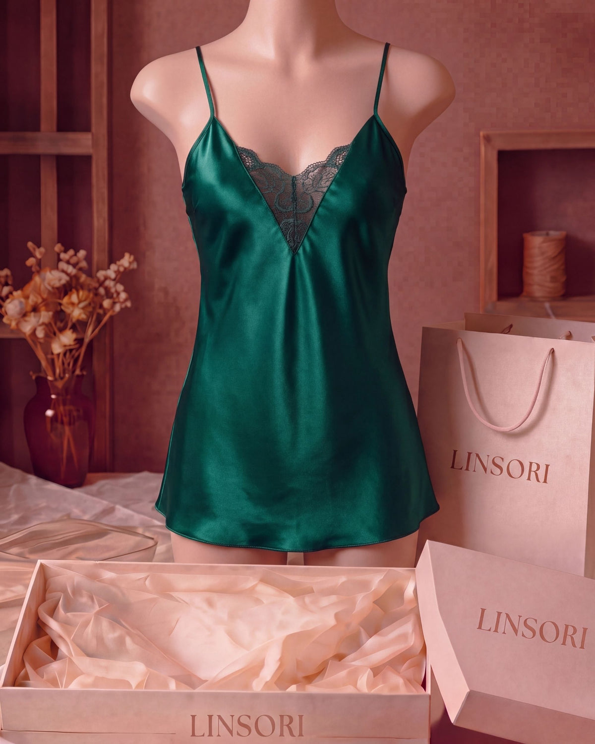 Linsori Dark Green Satin Floral Nightdress — Plus Size - Mannequin View