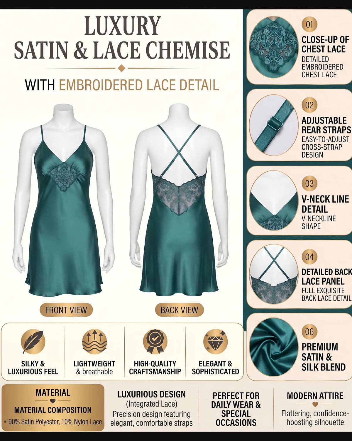 Linsori Dark Green Satin Floral Nightdress — Plus Size -  Product detail view