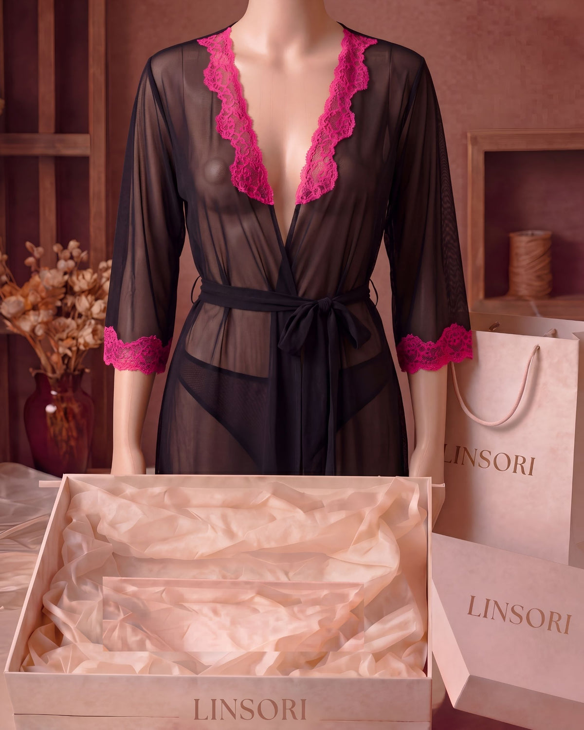 Noir Chiffon Robe with Blush Lace