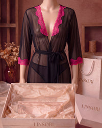 Noir Chiffon Robe with Blush Lace