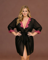 Noir Chiffon Robe with Blush Lace