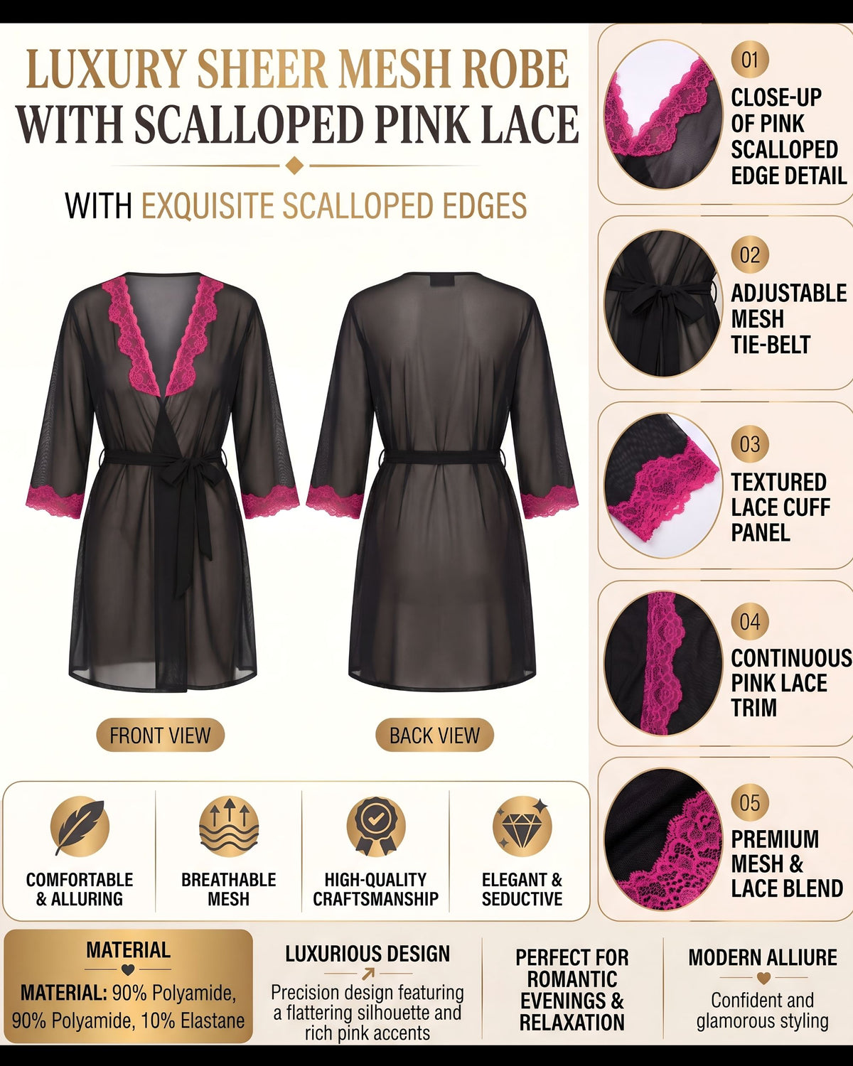 Noir Chiffon Robe with Blush Lace
