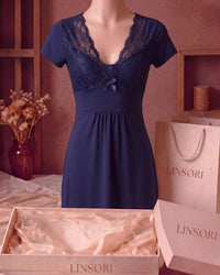 Linsori Navy Blue Lace Trim Nightdress - Mannequin View