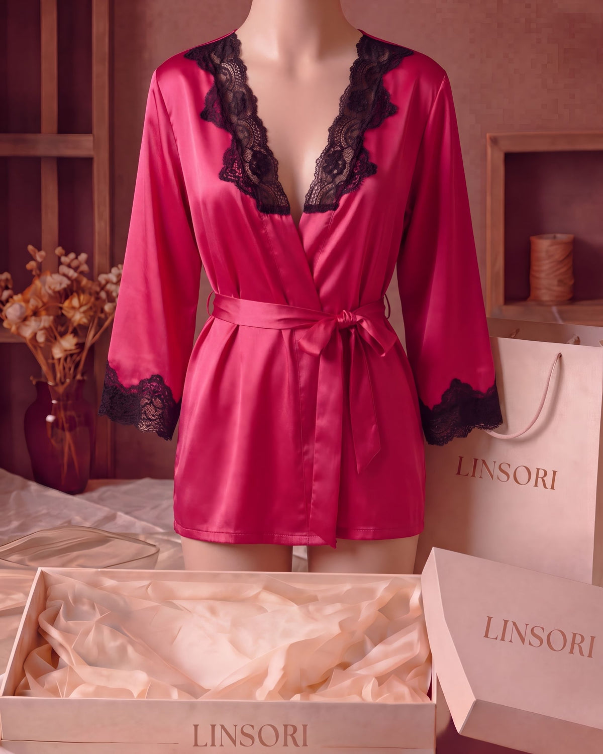 Linsori Bordeaux Satin Floral Lace Robe - Mannequin View