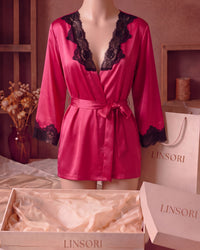 Linsori Bordeaux Satin Floral Lace Robe - Mannequin View
