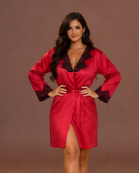 Linsori Bordeaux Satin Floral Lace Robe - Front view 