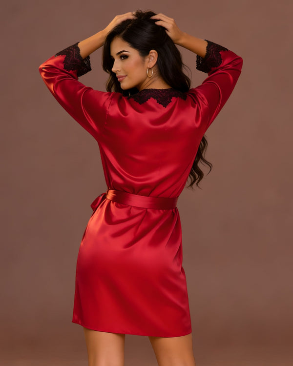 Linsori Bordeaux Satin Floral Lace Robe -  back view