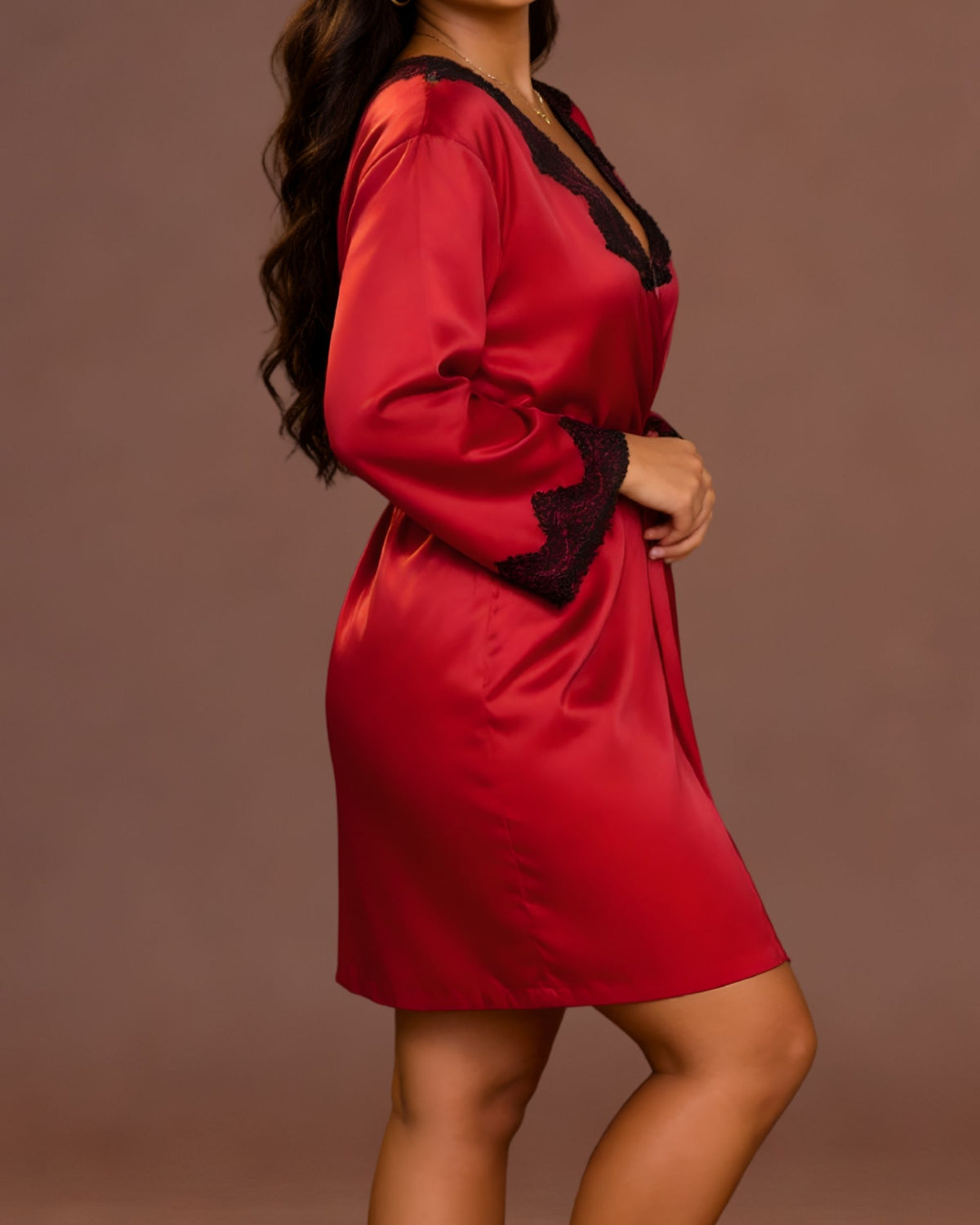Linsori Bordeaux Satin Floral Lace Robe -  Right view