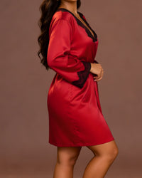 Linsori Bordeaux Satin Floral Lace Robe -  Right view